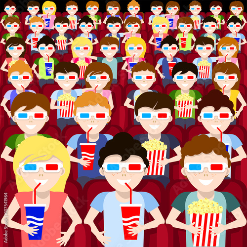 Cinema. People watch the movie at movie theater. Vector illustration