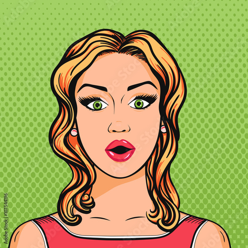 Vector pop art woman surprised face with open mouth in comic sty