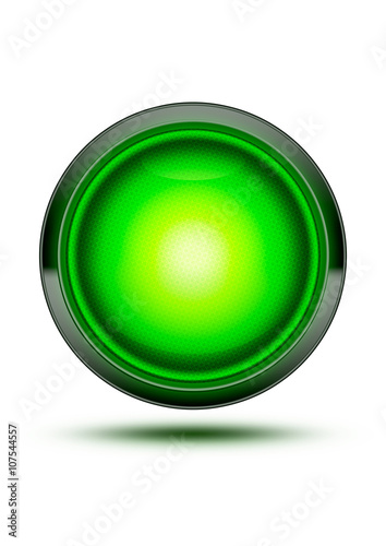 Green traffic stop light glowing isolated on white with shadow.