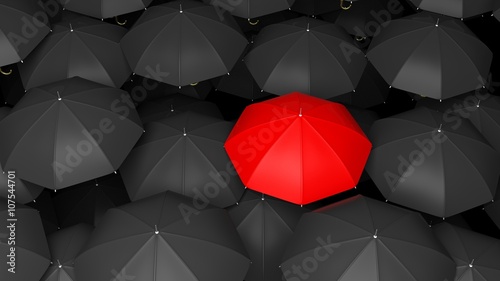 3D rendering of classic large black umbrellas tops with one red standing out.