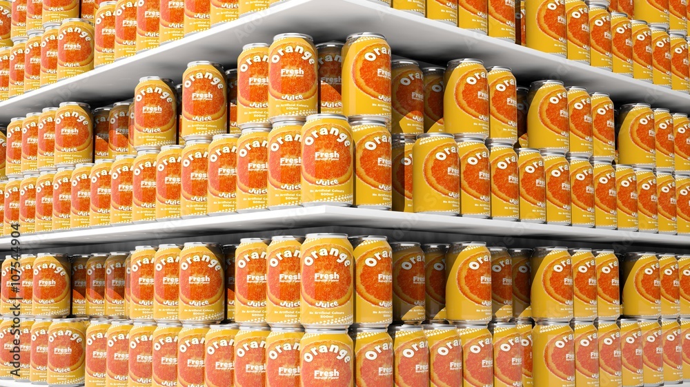 3D rendering with closeup on supermarket shelves with orange drink cans.