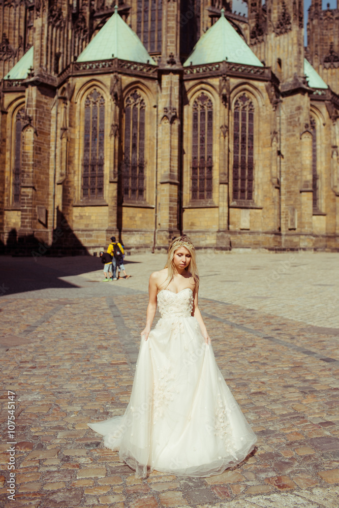 Beautiful blonde bride posing near baroque christian cathedral i