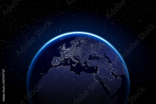 Planet earth from space with city lights europe africa and middle east