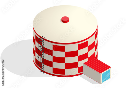 Water tank, red cister. Water treatment isometric building info graphic element. Rounded gasometer, big gasholder, white background. Pictogram industrial reservoir set. Flatten isolated master vector.
