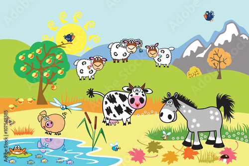 cartoon farm animals : sheep, horse ,cow and pig in the pasture field.  Rural landscape . Children illustration Stock Vector | Adobe Stock