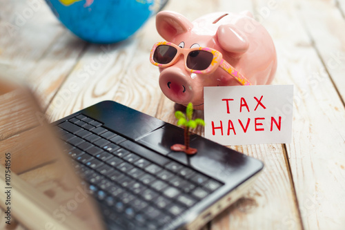 Piggy bank, laptop, globe, - tax haven concept