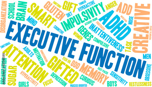 Executive Function word cloud on a white background. 