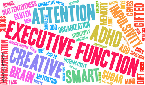 Executive Function ADHD word cloud on a white background. 