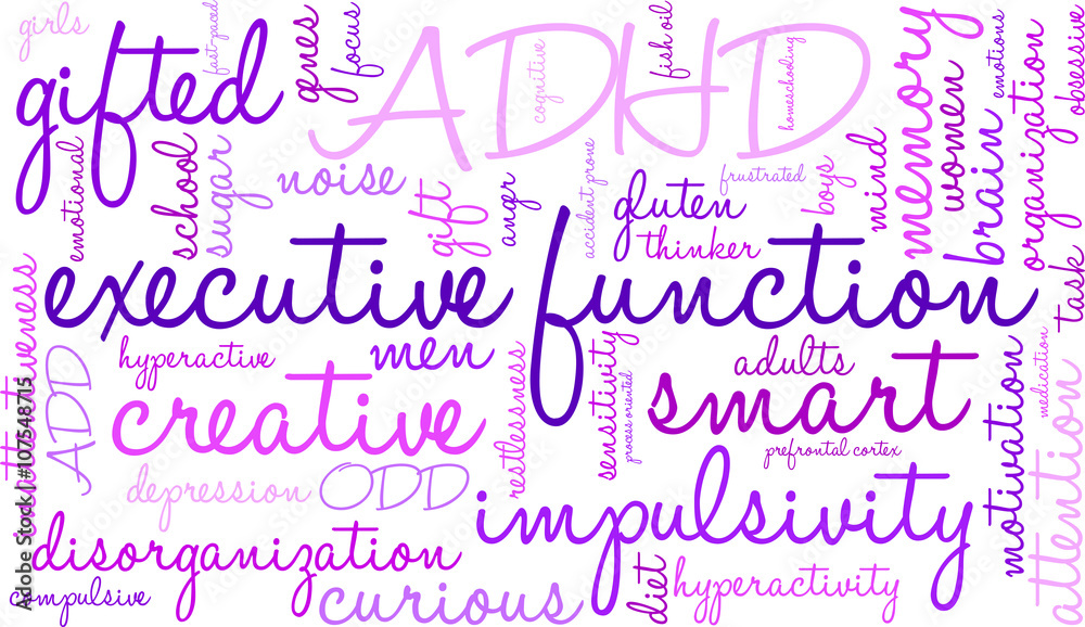 Executive Function word cloud on a white background. Executive Function word cloud on a white background.
