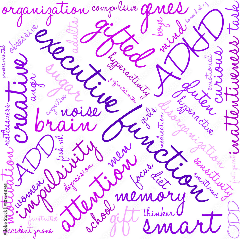 Executive Function ADHD word cloud on a white background. Executive Function ADHD word cloud on a white background.