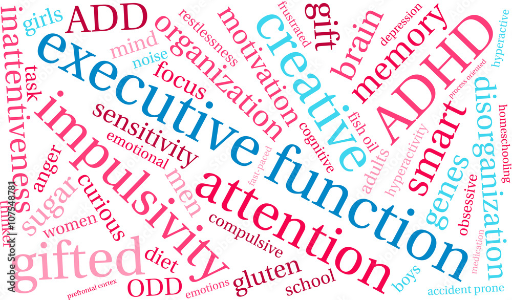 Executive Function word cloud on a white background. Executive Function word cloud on a white background.