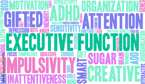 Executive Function word cloud on a white background. 