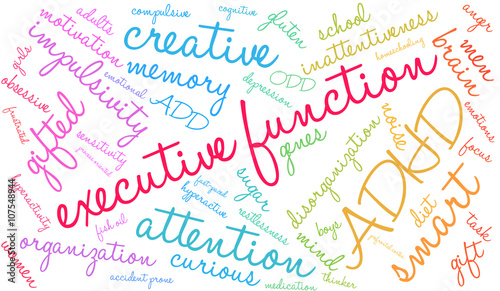 Executive Function word cloud on a white background. 