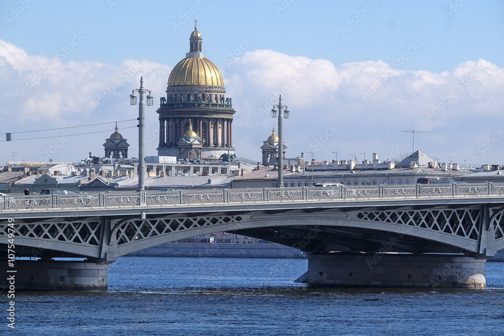 Landscape with the image of Neva River and St. Isaac Cathedral in St. Petersburg, Russia