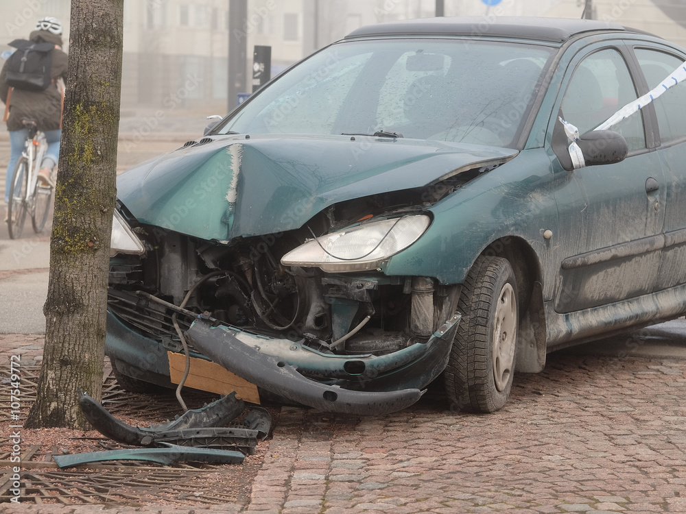 Helsinki, Finland - April, 4, 2016: crashed car in Helsinki, Finland