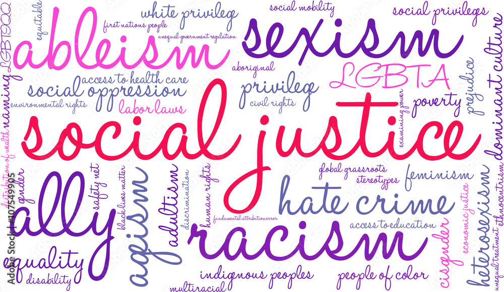 Social Justice word cloud on a white background.