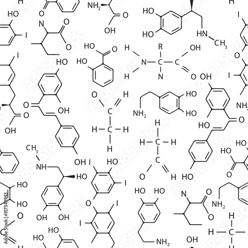 Vector seamless pattern of chemical formulas. Black and white. photo