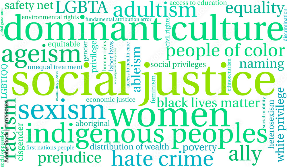 Social Justice word cloud on a white background. 