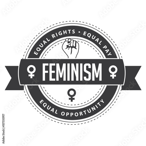 
Feminism symbol circular badge. Feminist icon logo inspiration. Rallying cry for equal pay, equal rights, equal opportunity. Feminist t shirt or button design.