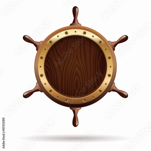 Realistic wooden ship steering wheel isolated on white background. Vector illustration