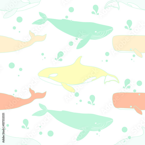 Seamless pattern with cute whales.