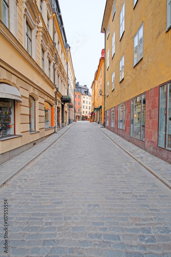 Stockholm, Sweden - March, 16, 2016: landscape with the image of Old Town street in Stockholm, Sweden