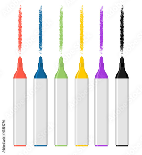 Set of colored felt-tip pens on white background. Marker trace.