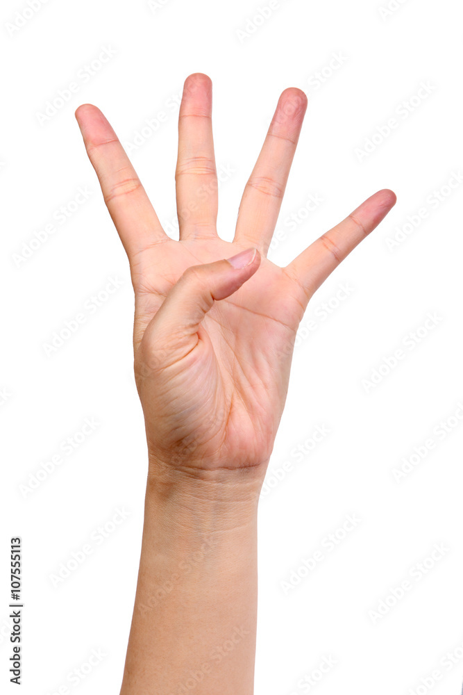 hand showing four fingers isolated on white background hand showing four fingers isolated on white background