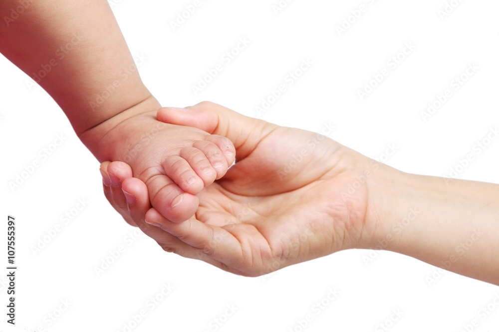 hand touching baby toe isolated on white background. hand touching baby toe isolated on white background.