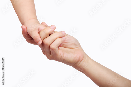 mom touching baby hand isolated on white background.