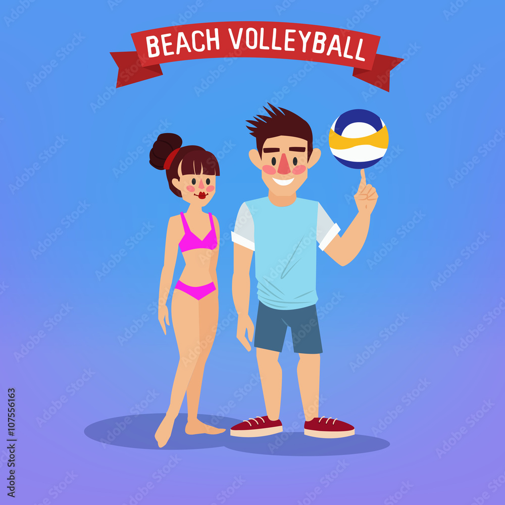 Man and Woman Playing Volleyball. Man with a Ball. Travel Banner
