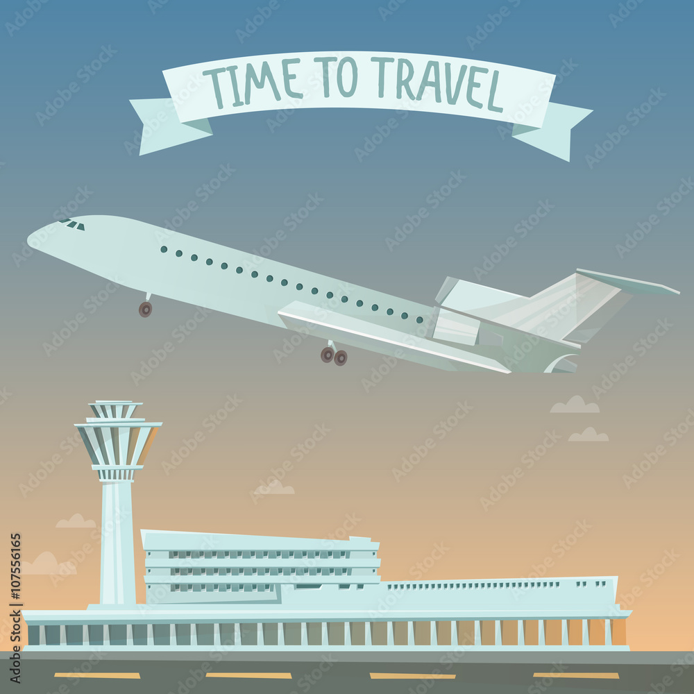 Travel Banner. Travel by Airplane. Time to Travel. Air Travel. Airplane and Airport
