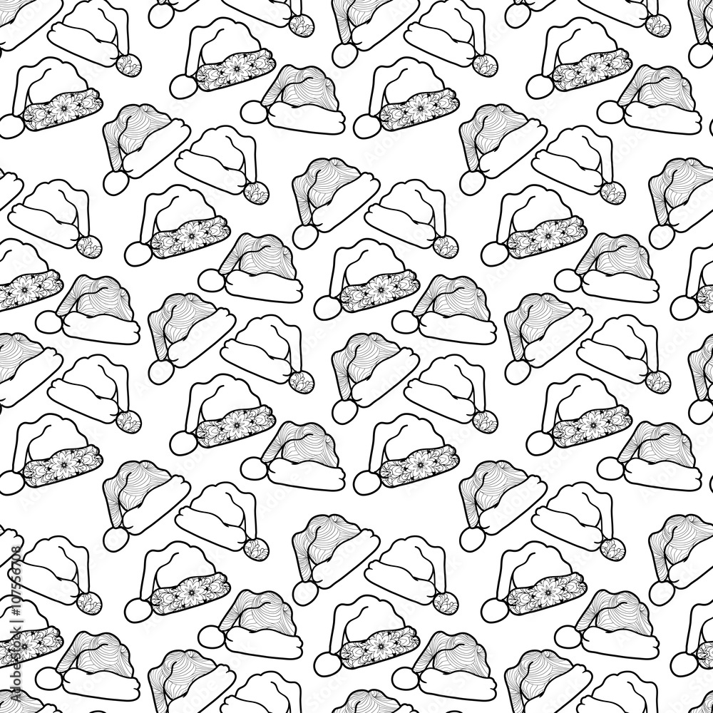 Fototapeta premium Seamless black mono color pattern with santa's hats for print design