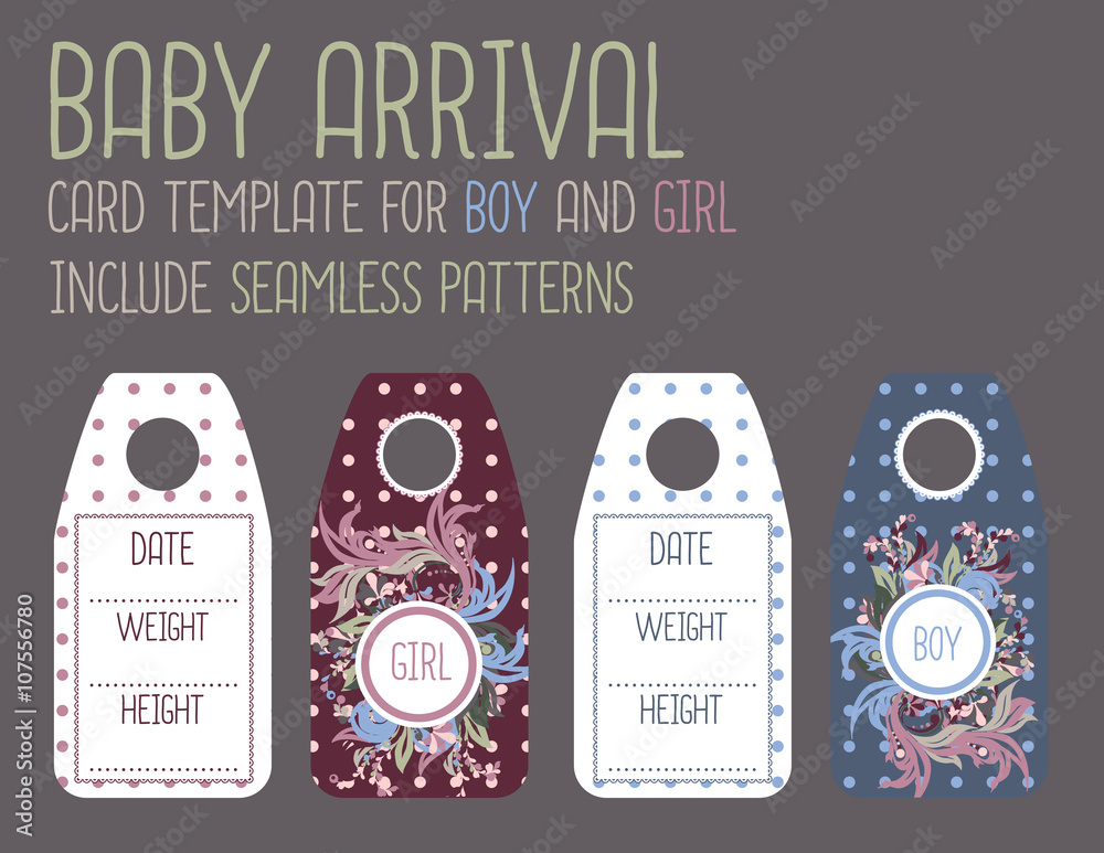 Naklejka premium Baby arrival card templates set with cute floral round frames. Newborn baby birth card.Announcement for kids birthday.For Girl and for Boy. Ready for print.