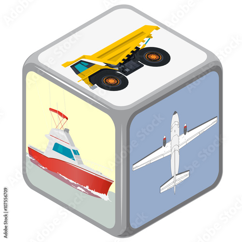 Playing isometric dice with means of transport. How to travel? Accidental  choice. Transportation funny game. Cube on white. Die with boat, plane and truck. Flatten isolated master vector illustration