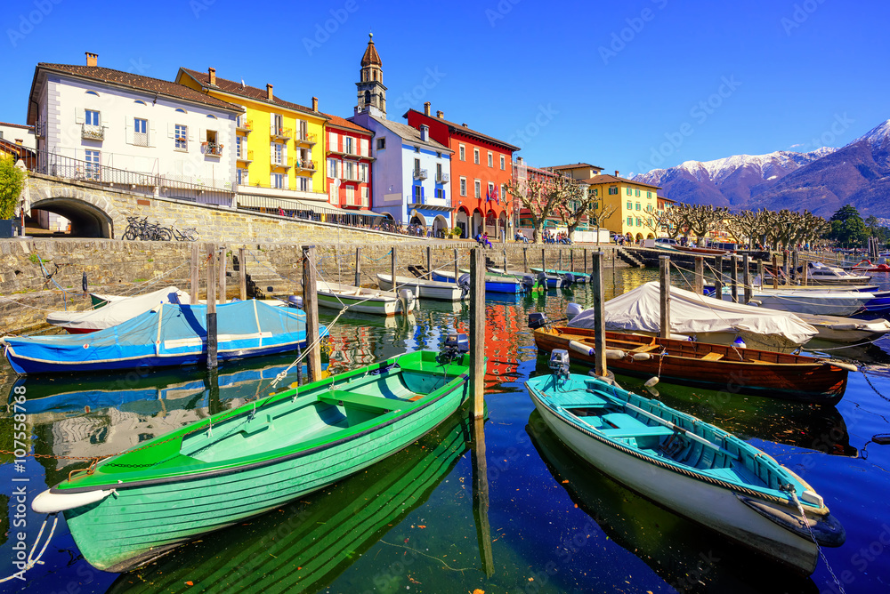 Colorful boats in olt town of Ascona, Ticino, Switzerland