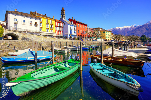 Colorful boats in olt town of Ascona, Ticino, Switzerland