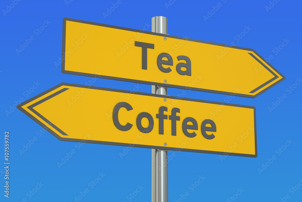 tea or coffee concept on the road signpost, 3D rendering tea or coffee concept on the road signpost, 3D rendering