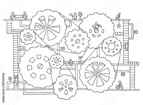Sketch of people teamwork, gears, production. Doodle cartoon mechanism with machinery and cogwheels. Hand drawn vector illustration for business design isolated on white.