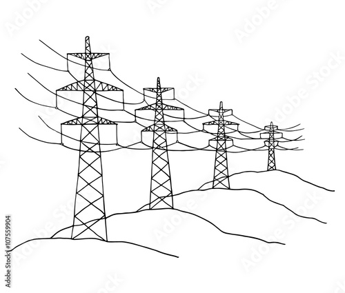 Cartoon power lines delivering energy standing in a row. Sketch  high voltage electric power transmission on land. Hand drawn vector illustration  isolated on white.