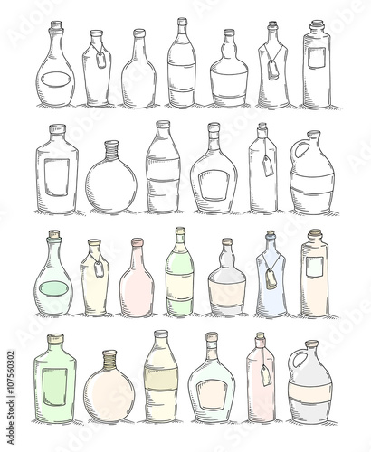 Set of cartoon doodle bottles. Sketch glass bottles for food design, menu. Decorative vector illustration isolated on white. All bottles are grouped for easy editing.