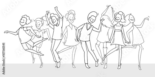 Set of sketch dancing people in different poses on the dance floor. Doodle collection of cartoon dancers  women and men funny characters. Hand drawn vector illustration isolated on white background.