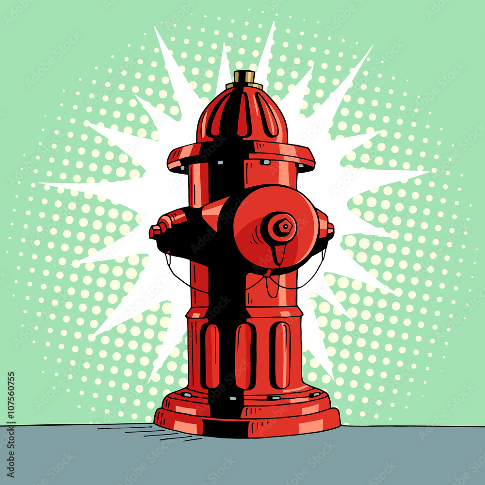 Cartoon pop art red hydrant. Comic hand drawn illustration - fire  protection object hydrant for firefighter. Vector isolated on blue halftone  background. Stock Vector | Adobe Stock