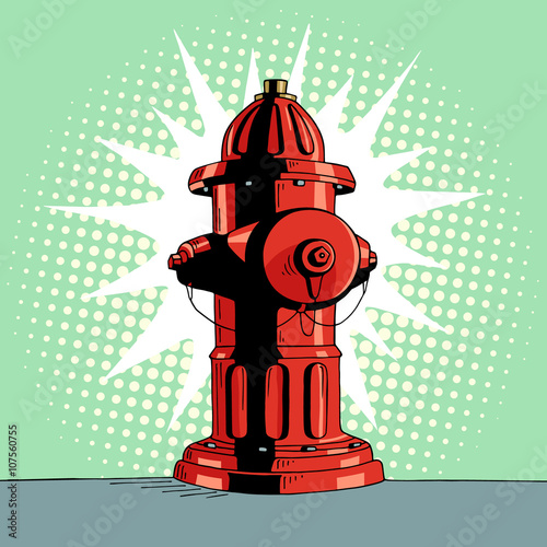 Cartoon pop art red hydrant. Comic hand drawn illustration - fire protection object hydrant for firefighter. Vector isolated on blue halftone background.