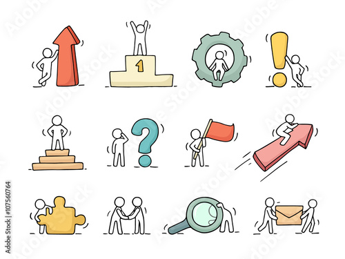 Business icons set of sketch working little people with arrow, flag, gear. Doodle cute miniature scenes of workers. Hand drawn cartoon vector illustration for business design and infographic.