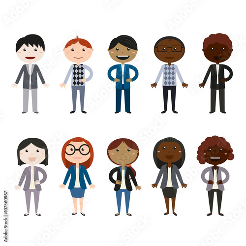 Set characters business woman and businessman in a cartoon style. Different races and skin color. Vector flat style