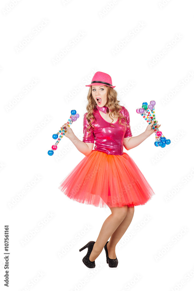 Dancing Blonde schoolgirl wearing in pink costume dancing.