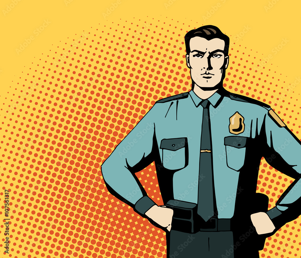 Pop art strong policeman. Cartoon beautiful man in blue niform. Vintage advertising poster. Comic hand drawn vector illustration.