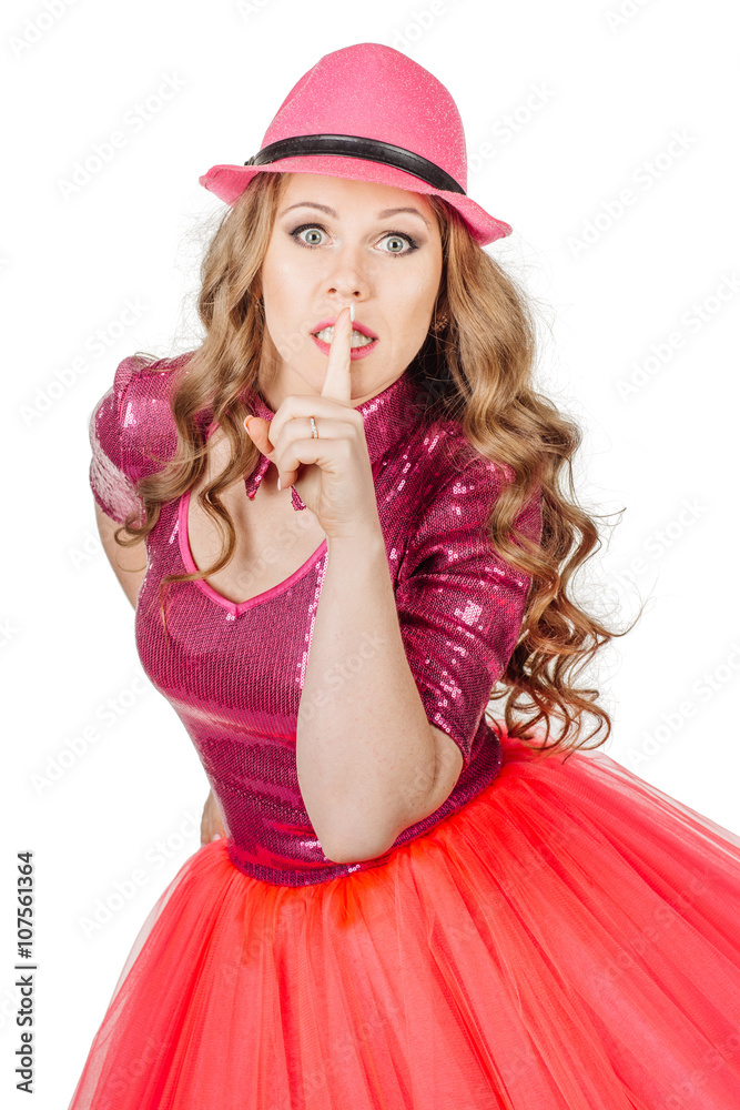 Dancing Blonde girl wearing in pink costume with wide eyed askin Dancing Blonde girl wearing in pink costume with wide eyed askin