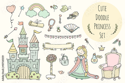 Cute cartoon princess collection with throne, castle, jewerly, crown. Doodle fairytale set for kids. Hand drawn vector illustration isolated on white. All objects are grouped separately.